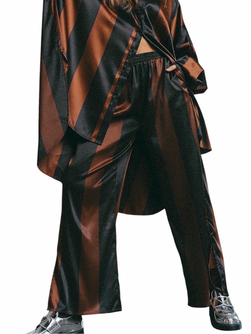 Dressed in Lala Posh Satin Midnight Carousel Brown Black Stripe Wide Leg Pants M